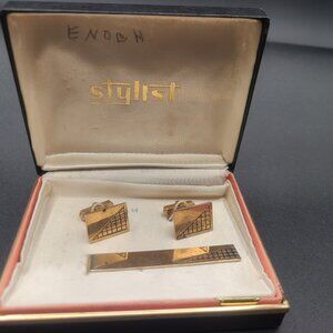 Stylist Cufflinks and Tie Clip Set Gold Tone Vintage Mens Jewelry